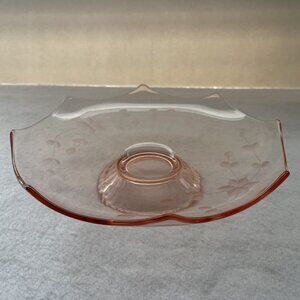 Vintage Pink Depression Glass Etched Bowl Footed Compote Console Octagon Flowers